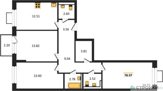 Планировка трехкомнатной(квартира) площадью 78.97 квадратных метров в “ЖК Богдановский Лес”