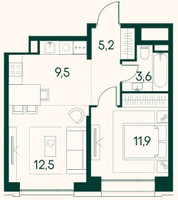 Планировка однокомнатной(квартира) площадью 48.8 квадратных метров в “ЖК Клубный город на реке Primavera (Примавера)”
