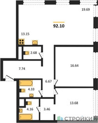 Планировка двухкомнатной(квартира) площадью 92.1 квадратных метров в ЖК “ЖК Собрание клубных домов West Garden (Вест Гарден)”
