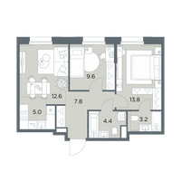 Планировка трехкомнатной(квартира) площадью 56.4 квадратных метров в “ЖК Станиславский”