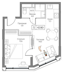 Планировка однокомнатной(квартира) площадью 42 квадратных метров в ЖК “ЖК Дрим Рива”