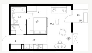 Планировка однокомнатной(квартира) площадью 35.6 квадратных метров в “ЖК Зеленый парк”