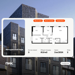 Планировка трехкомнатной(квартира) площадью 81.9 квадратных метров в ЖК “ЖК Мичуринский Парк”