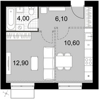 Планировка однокомнатной(квартира) площадью 33.6 квадратных метров в “Апрелевка Клаб”