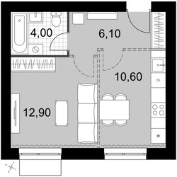 Планировка однокомнатной(квартира) площадью 33.6 квадратных метров в ЖК “Апрелевка Клаб”