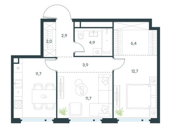 Планировка двухкомнатной(квартира) площадью 56.2 квадратных метров в ЖК “ЖК Левел Нижегородская”