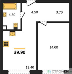 Планировка однокомнатной(квартира) площадью 39.9 квадратных метров в ЖК “ЖК Shagal (Шагал)”