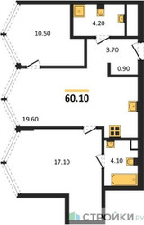 Планировка двухкомнатной(квартира) площадью 60.1 квадратных метров в ЖК “Акценты”