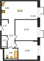 Планировка двухкомнатной(квартира) площадью 57.32 квадратных метров в “ЖК Квартал Сабурово”