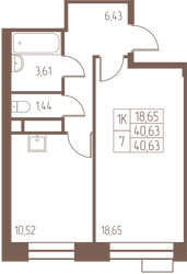 Планировка однокомнатной(квартира) площадью 40.6 квадратных метров в ЖК “ЖК Западная Ивантеевка”