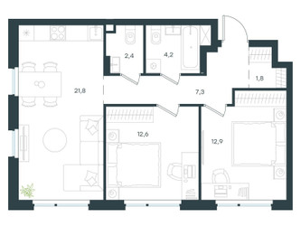 Планировка двухкомнатной(квартира) площадью 63 квадратных метров в ЖК “ЖК Левел Лесной”