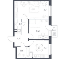 Планировка двухкомнатной(квартира) площадью 57.54 квадратных метров в ЖК “ЖК Большое Путилково”