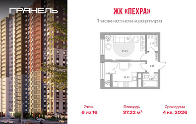 Планировка однокомнатной(квартира) площадью 37.22 квадратных метров в ЖК “ЖК Пехра”