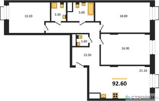 Планировка трехкомнатной(квартира) площадью 92.6 квадратных метров в “ЖК Резиденции Сколково”