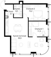 Планировка двухкомнатной(квартира) площадью 74.8 квадратных метров в “ЖК Сити Бэй”