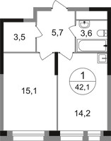 Планировка однокомнатной(квартира) площадью 42.1 квадратных метров в “ЖК Первый Московский”