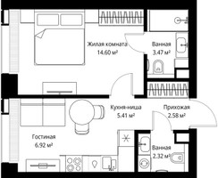 Планировка однокомнатной(квартира) площадью 35.3 квадратных метров в “ЖК Веер”