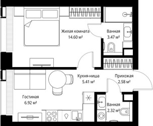Планировка однокомнатной(квартира) площадью 35.3 квадратных метров в ЖК “ЖК Веер”