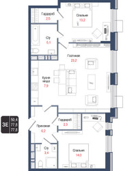 Планировка трехкомнатной(квартира) площадью 77.8 квадратных метров в ЖК “ЖК КИНОКВАРТАЛ”