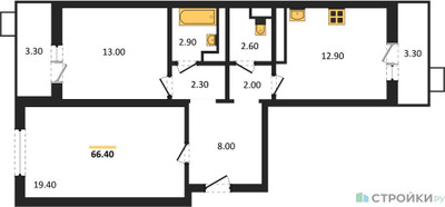 Планировка двухкомнатной(квартира) площадью 66.4 квадратных метров в ЖК “ЖК Пироговская Ривьера”