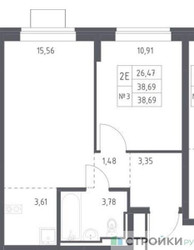 Планировка однокомнатной(квартира) площадью 38.69 квадратных метров в ЖК “ЖК Богдановский Лес”