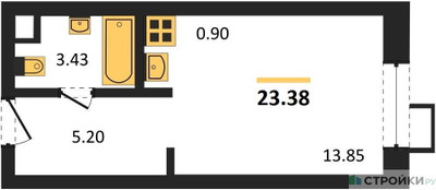Планировка студии(апартаменты) площадью 23.38 квадратных метров в “ЖК N’ICE LOFT (Найс Лофт)”
