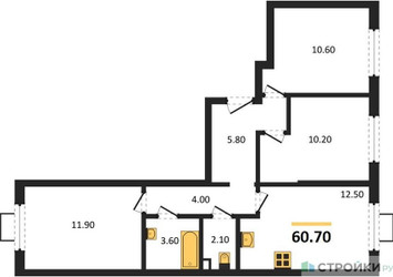 Планировка трехкомнатной(квартира) площадью 60.7 квадратных метров в ЖК “ЖК Лучи-2”