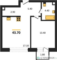 Планировка однокомнатной(квартира) площадью 43.7 квадратных метров в “ЖК Шагал”