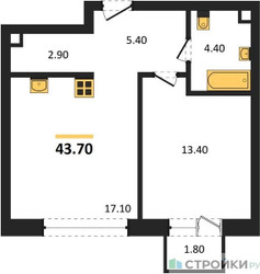 Планировка однокомнатной(квартира) площадью 43.7 квадратных метров в ЖК “ЖК Шагал”