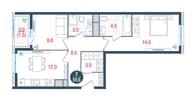 Планировка двухкомнатной(квартира) площадью 55 квадратных метров в ЖК “ЖК РУСИЧ-Кантемировский”