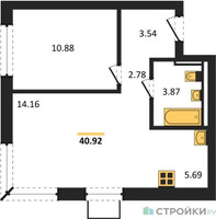 Планировка однокомнатной(квартира) площадью 40.92 квадратных метров в “ЖК Квартал Западный”