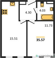 Планировка однокомнатной(апартаменты) площадью 35.57 квадратных метров в “ЖК Движение. Говорово”