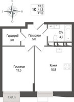 Планировка однокомнатной(квартира) площадью 41.3 квадратных метров в “ЖК КИНОКВАРТАЛ”