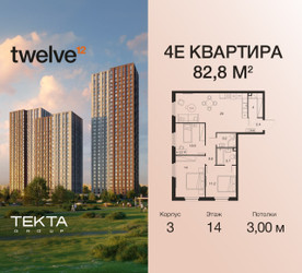 Планировка 4+ комнатной(квартира) площадью 82.8 квадратных метров в ЖК “ЖК Twelve (Твелв)”