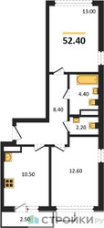 Планировка двухкомнатной(квартира) площадью 52.4 квадратных метров в ЖК “ЖК Бунинские кварталы”
