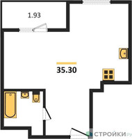 Планировка однокомнатной(квартира) площадью 35.3 квадратных метров в “ЖК Радость (Радумля Парк)”