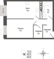 Планировка однокомнатной(квартира) площадью 42.5 квадратных метров в “ЖК КИНОКВАРТАЛ”