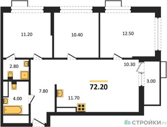 Планировка трехкомнатной(квартира) площадью 72.2 квадратных метров в “ЖК Скандинавия”