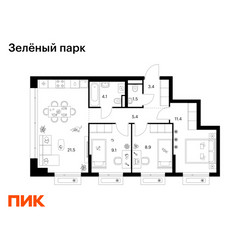 Планировка трехкомнатной(квартира) площадью 65.3 квадратных метров в ЖК “ЖК Зеленый парк”