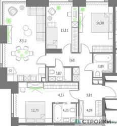 Планировка трехкомнатной(квартира) площадью 98.28 квадратных метров в ЖК “ЖК Upside Towers (Апсайд Тауэрс)”