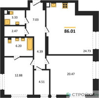 Планировка двухкомнатной(квартира) площадью 86.01 квадратных метров в “ЖК Сезар Сити”