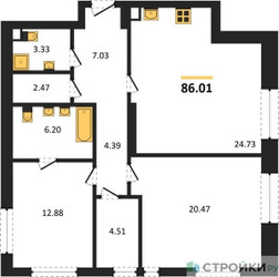 Планировка двухкомнатной(квартира) площадью 86.01 квадратных метров в ЖК “ЖК Сезар Сити”