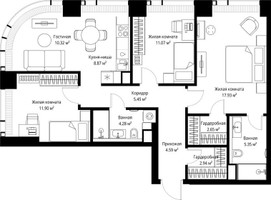 Планировка трехкомнатной(квартира) площадью 85.35 квадратных метров в “ЖК Веер”