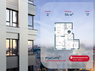 Планировка двухкомнатной(квартира) площадью 54 квадратных метров в ЖК “ЖК РУСИЧ-Кантемировский”