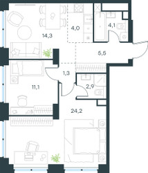 Планировка трехкомнатной(квартира) площадью 67.4 квадратных метров в ЖК “ЖК Левел Звенигородская”