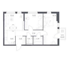 Планировка двухкомнатной(квартира) площадью 60.5 квадратных метров в ЖК “ЖК Пригород Лесное”