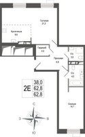 Планировка двухкомнатной(квартира) площадью 62.8 квадратных метров в “ЖК КИНОКВАРТАЛ”