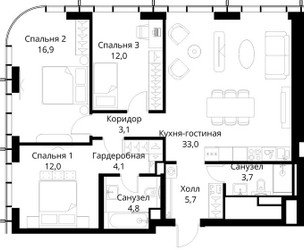 Планировка трехкомнатной(квартира) площадью 95.3 квадратных метров в ЖК “ЖК Сити Бэй”