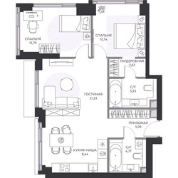 Планировка трехкомнатной(квартира) площадью 71.7 квадратных метров в ЖК “ЖК Hide (Хайд)”