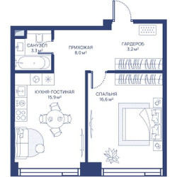 Планировка однокомнатной(квартира) площадью 47 квадратных метров в ЖК “ЖК Свет”